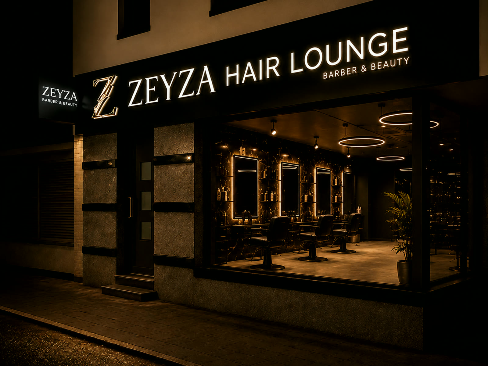 Zeyza Hairlounge gevel en salon met warme verlichting